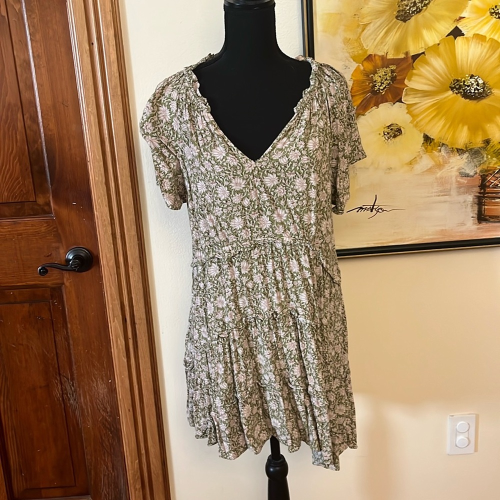 Anthropologie Olive Green and White Floral Tiered V-Neck Dress